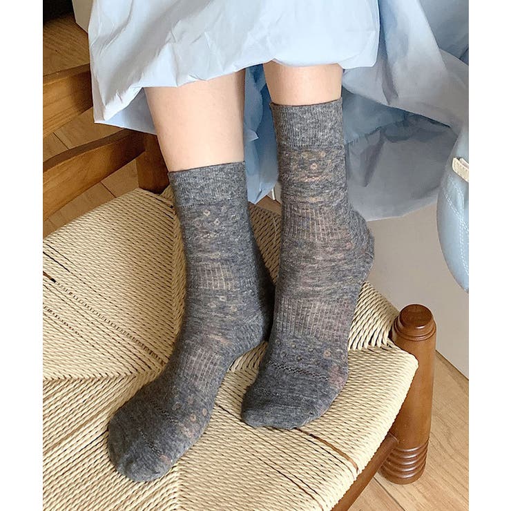 ダークグレー | 透かし編みクルーソックス ルーズ靴下薄手 | Miniministore