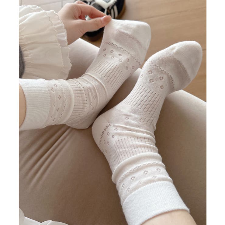 ホワイト | 透かし編みクルーソックス ルーズ靴下薄手 | Miniministore