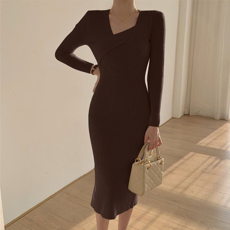 ブラウン | タイト ニットワンピース クロスネック | Miniministore