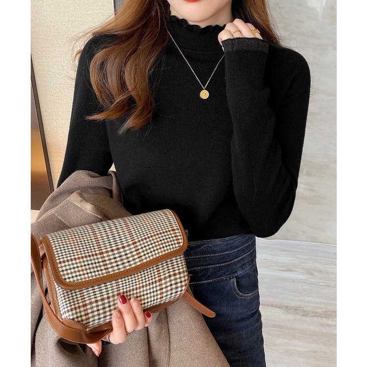 ブラック | ハイネックニットトップスフリルニットソー | Miniministore