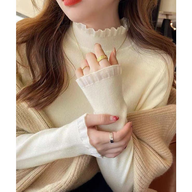 アイボリー | ハイネックニットトップスフリルニットソー | Miniministore