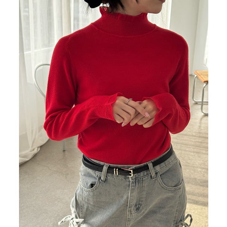 レッド | ハイネックニットトップスフリルニットソー | Miniministore