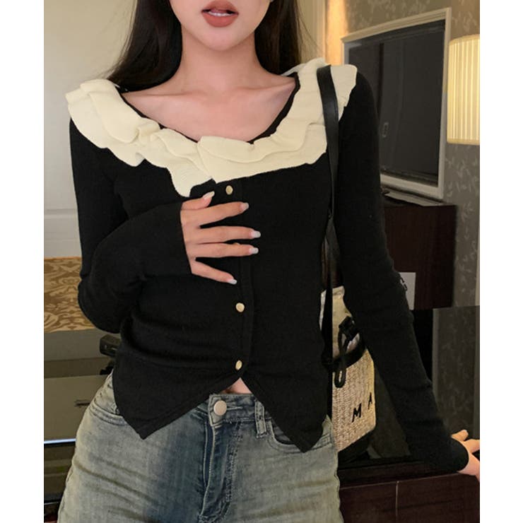 ブラック | フリルニットトップス オフショルダー秋服 | Miniministore