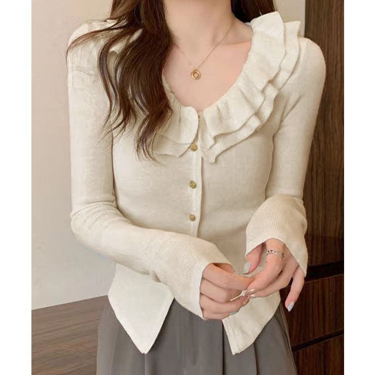 アイボリー | フリルニットトップス オフショルダー秋服 | Miniministore