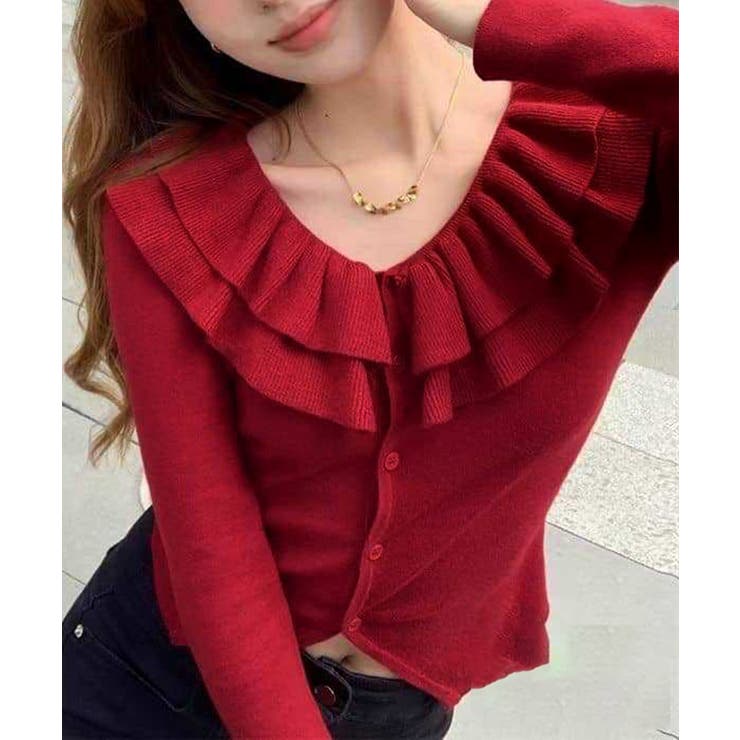 レッド | フリルニットトップス オフショルダー秋服 | Miniministore