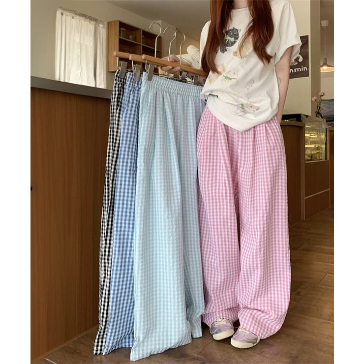 チェック柄ワイドパンツ ハイウエスト薄手 | Miniministore | 詳細画像1 