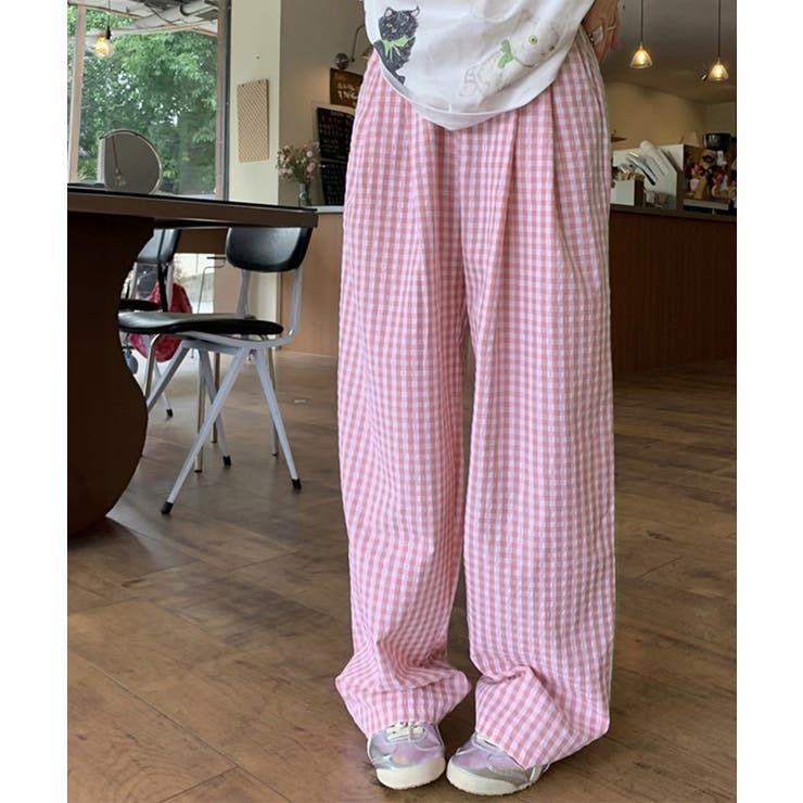 20％off】ハイウエストチェックパンツ(サーモンピンク) - seventen