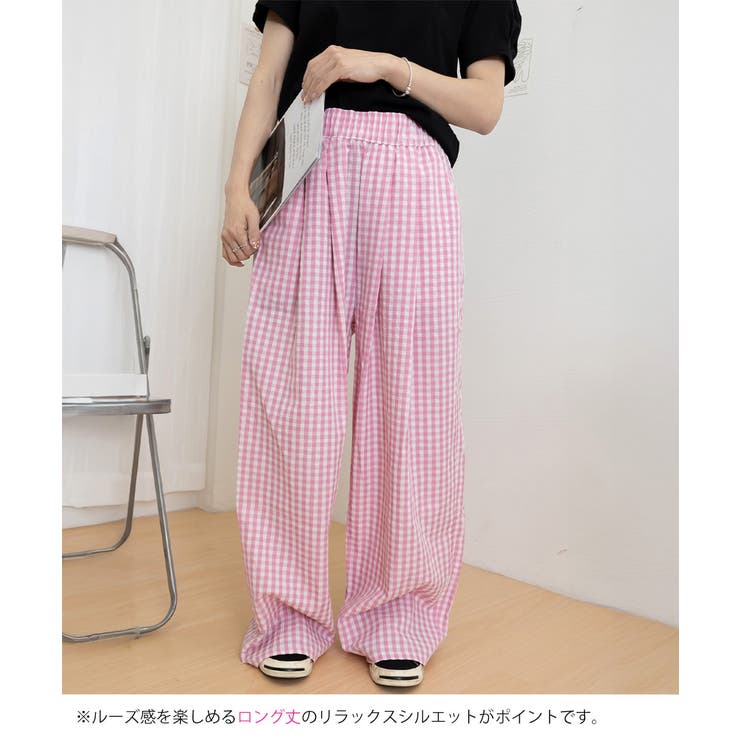 チェック柄ワイドパンツ ハイウエスト薄手[品番:II000012436 チェック柄ワイドパンツ ハイウエスト薄手[品番:II000012436