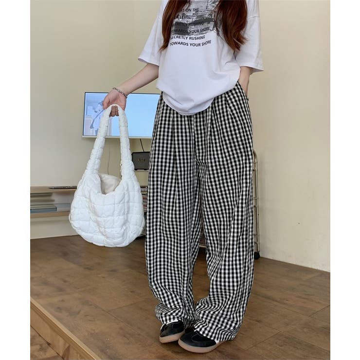 チェック柄ワイドパンツ ハイウエスト薄手[品番:II000012436 チェック柄ワイドパンツ ハイウエスト薄手[品番:II000012436