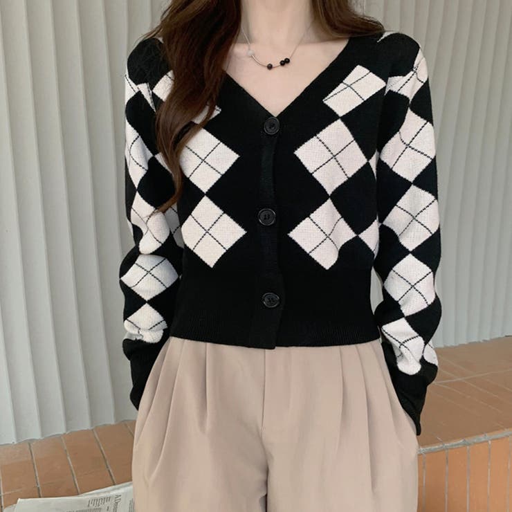 アーガイル柄 ニットカーディガン レトロ | Miniministore | 詳細画像5 