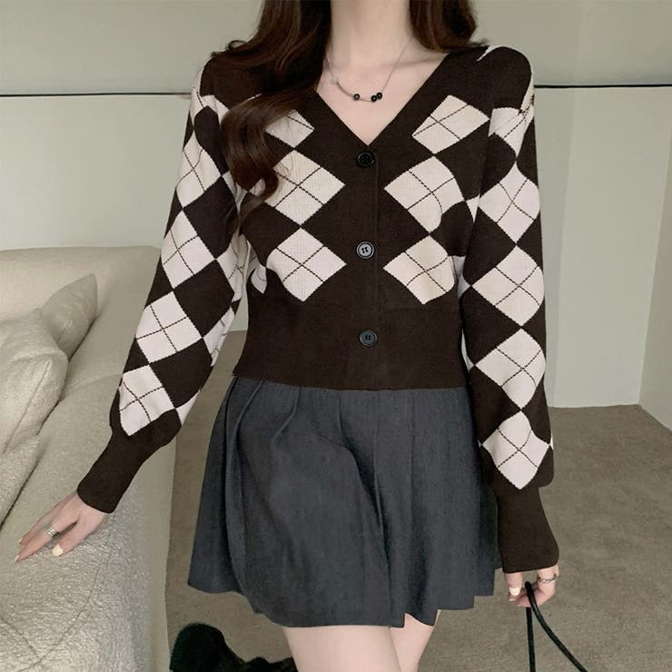 アーガイル柄 ニットカーディガン レトロ | Miniministore | 詳細画像9 