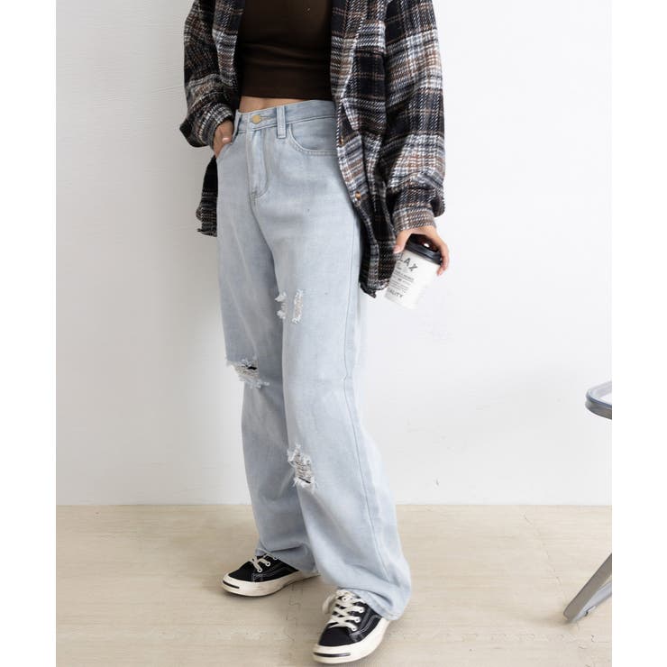 新品タグ付 Rady クラッシュワイドデニム M 美脚脚長 ダメージ