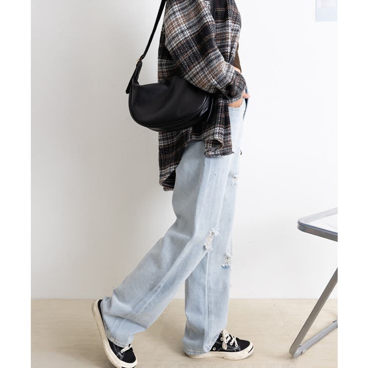 ワイド デニムパンツ ダメージ加工脚長[品番:II000007032 ワイド デニムパンツ ダメージ加工脚長[品番:II000007032
