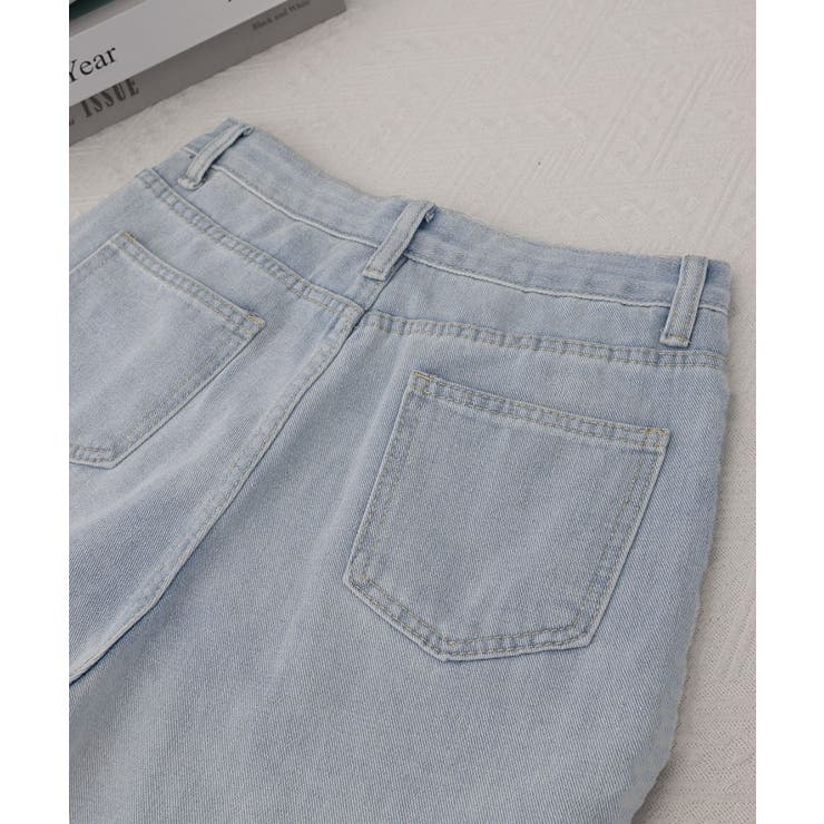ワイド デニムパンツ ダメージ加工脚長[品番：II000007032