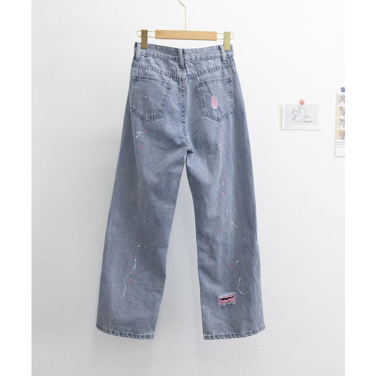 ピンク ダメージデニムパンツ レディース[品番：II000011689