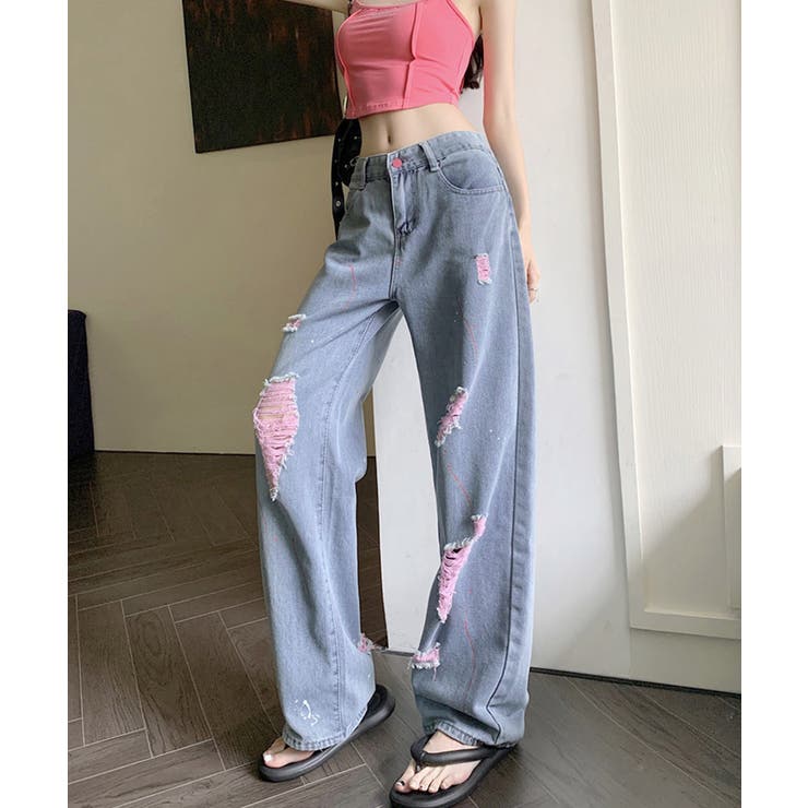 ピンク ダメージデニムパンツ レディース | Miniministore | 詳細画像6 