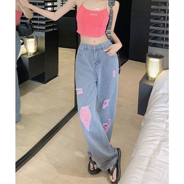 ピンク ダメージデニムパンツ レディース[品番:II000011689 ピンク ダメージデニムパンツ レディース[品番:II000011689