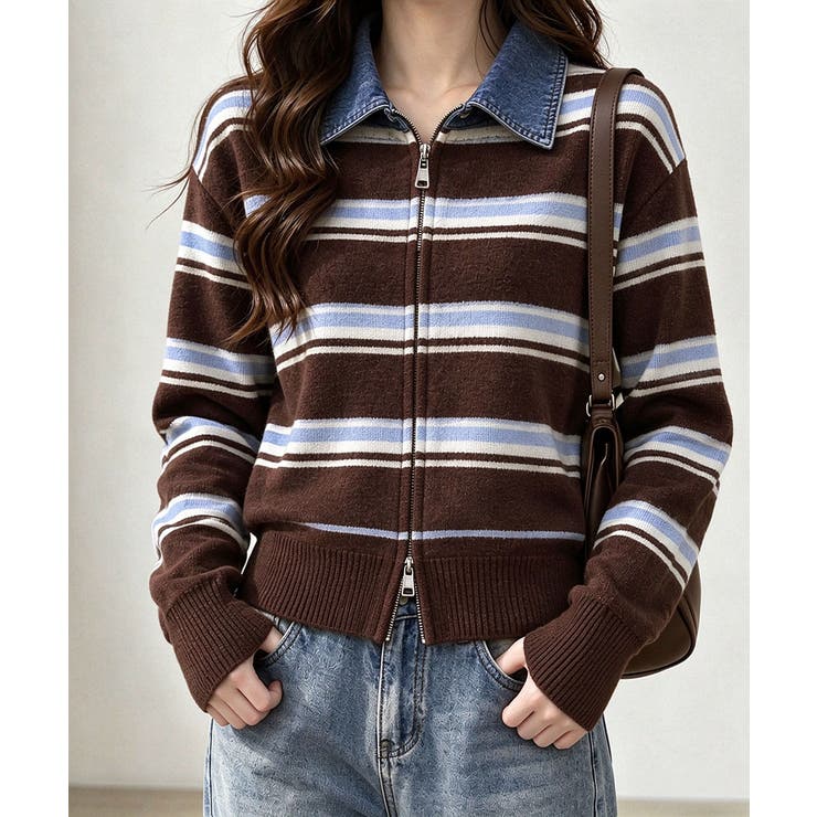 おしゃれニットトップスレディース 大人カジュアルカーディガン配色ポロカラー セー… | SUNSHINE CLOSET | 詳細画像1 