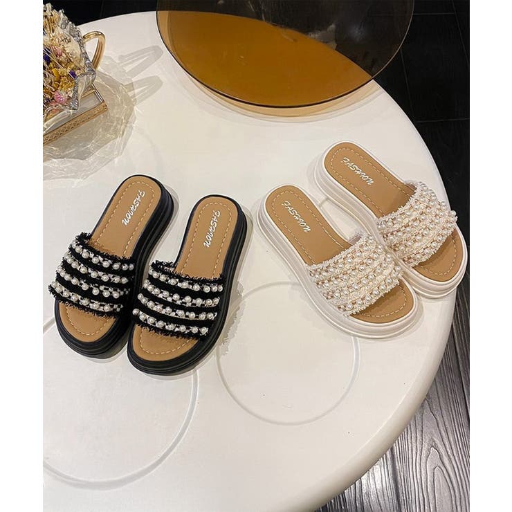 厚底サンダル パール付きフラットサンダル[品番：II000012466