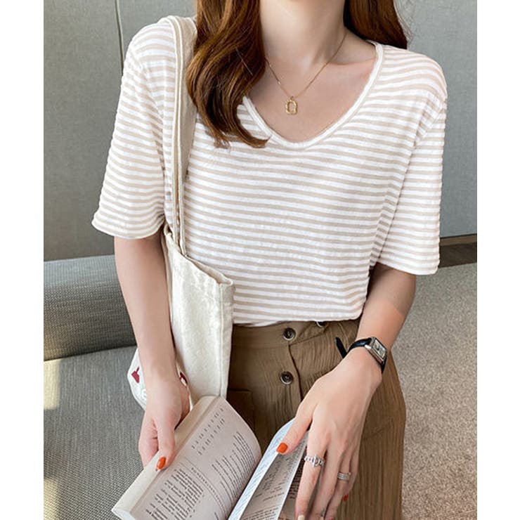 ボーダー柄Tシャツ Vネックカットソー夏 | Miniministore | 詳細画像10 