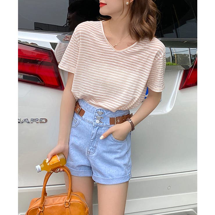 ボーダー柄Tシャツ Vネックカットソー夏 | Miniministore | 詳細画像13 