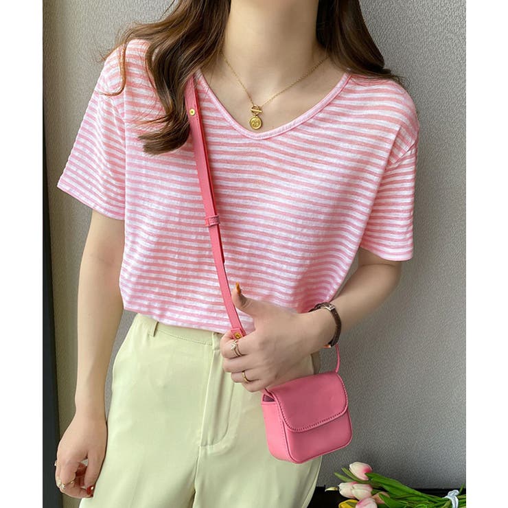 ボーダー柄Tシャツ Vネックカットソー夏 | Miniministore | 詳細画像14 
