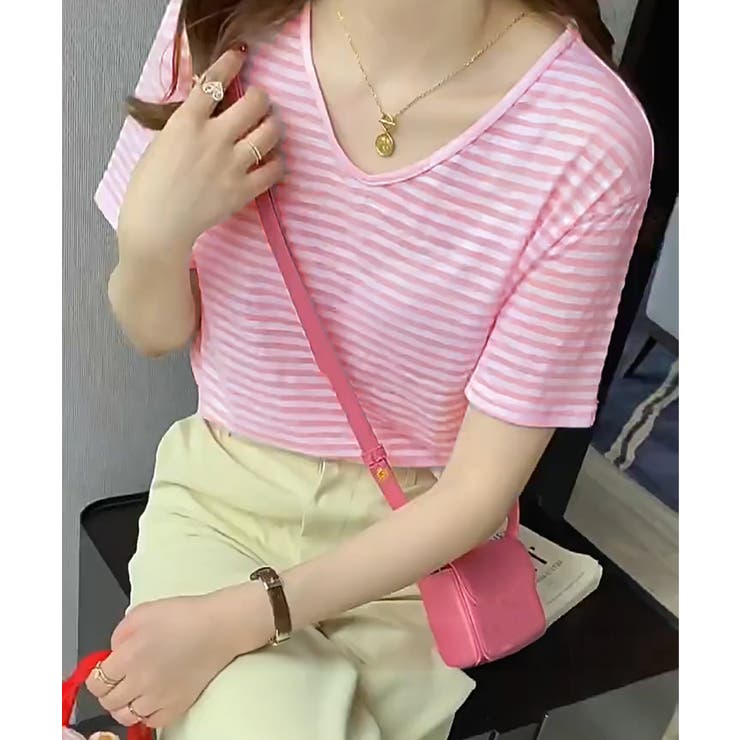 ボーダー柄Tシャツ Vネックカットソー夏 | Miniministore | 詳細画像15 