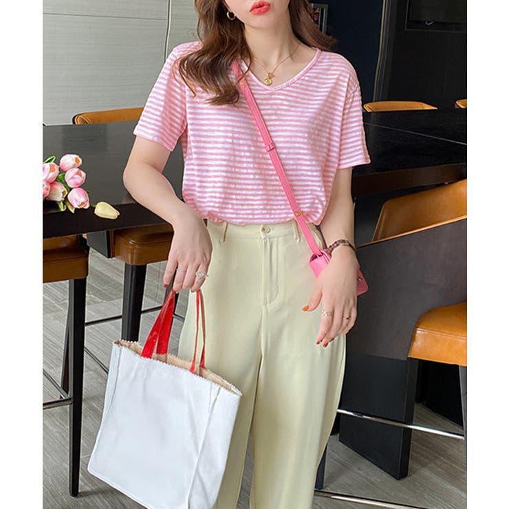 ボーダー柄Tシャツ Vネックカットソー夏 | Miniministore | 詳細画像16 