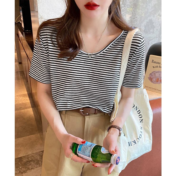 ボーダー柄Tシャツ Vネックカットソー夏 | Miniministore | 詳細画像3 