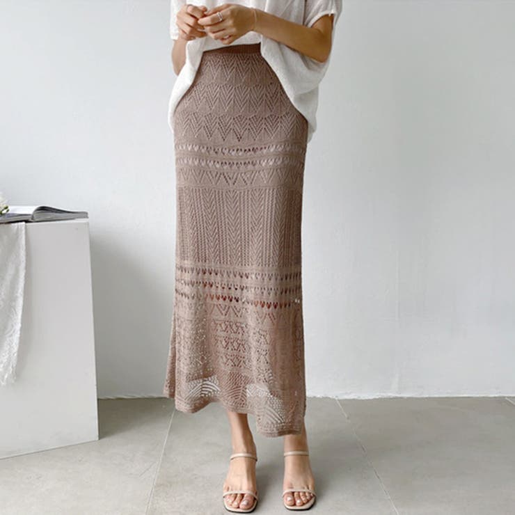 ニットスカート 透かし編み ハイウエスト[品番：II000007592 