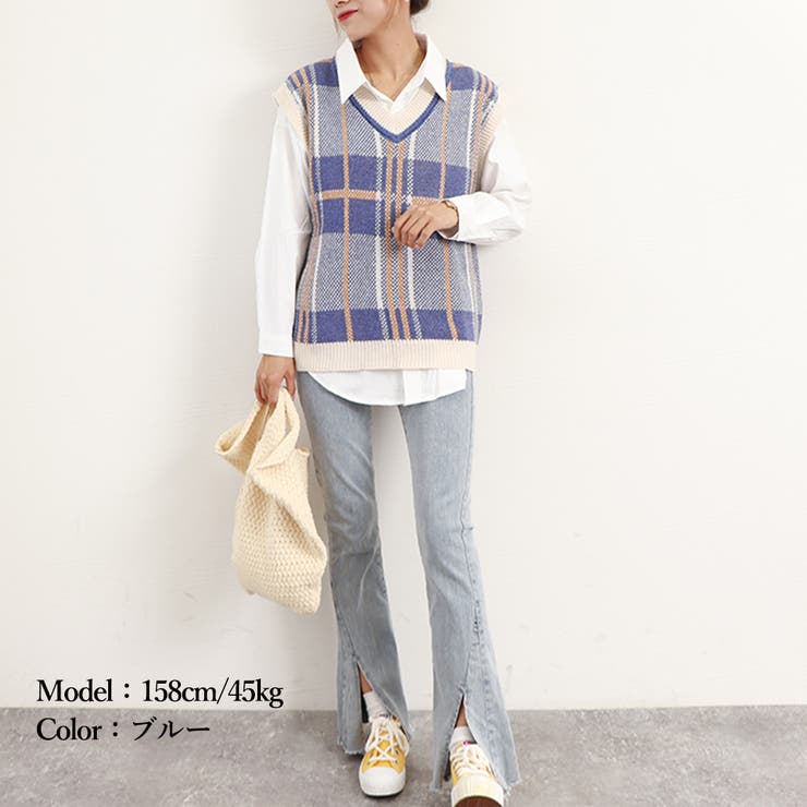 チェック柄ニットベストVネックレディース[品番：II000009231