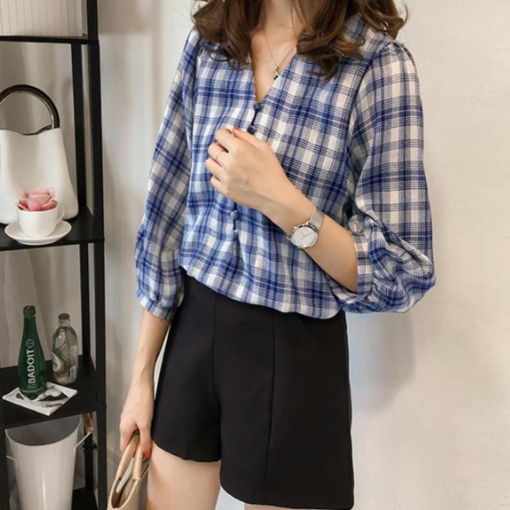7分袖 チェック 柄シャツブラウス夏[品番：II000008857