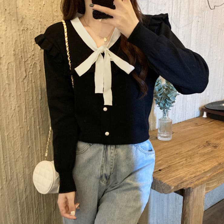 ブラック | ボウタイニットトップス レディース 大人 | Miniministore