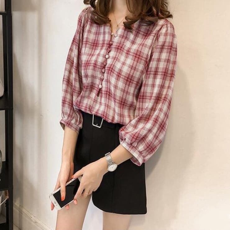7分袖 チェック 柄シャツブラウス夏[品番：II000008857
