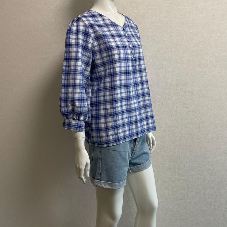 最安値に挑戦！ 7分袖 チェック 柄シャツブラウス夏[品番：II000008857 Mサイズ
