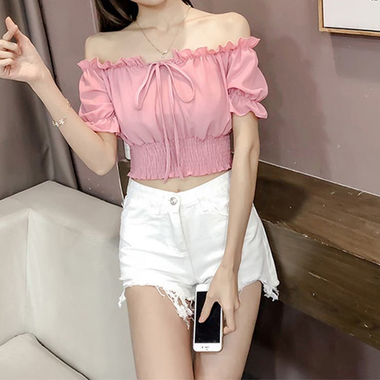 オフショルダートップス シャーリング[品番：II000007420  