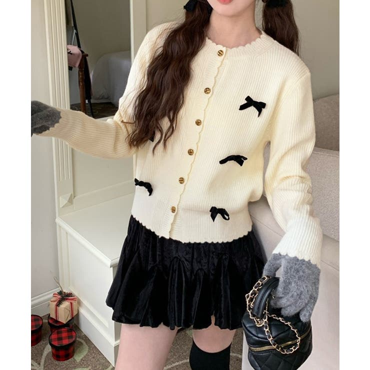 アイボリー | ニットカーディガンリボン飾り 秋冬ニット | Miniministore