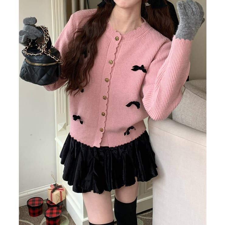 ピンク | ニットカーディガンリボン飾り 秋冬ニット | Miniministore