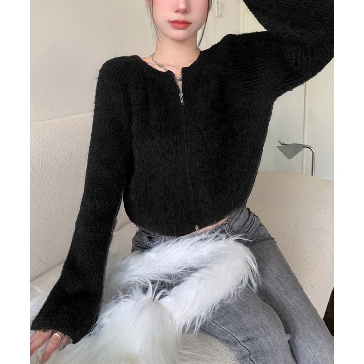 ブラック | ダブルジップ シャギーニット ショート丈 | Miniministore