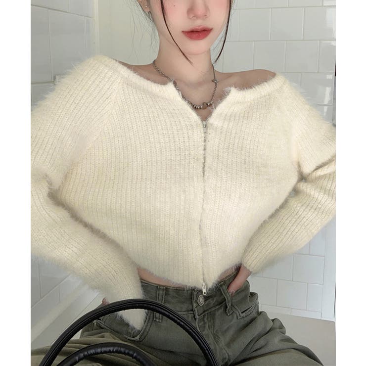 アイボリー | ダブルジップ シャギーニット ショート丈 | Miniministore