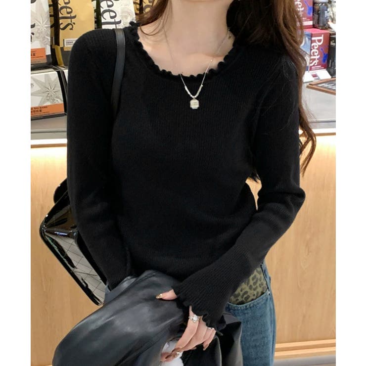 ブラック | フリル リブニットトップス クルーネック | SUNSHINE CLOSET