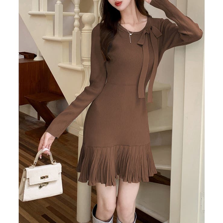 ブラウン | プリーツ裾 長袖リブニットワンピース上品 | Miniministore