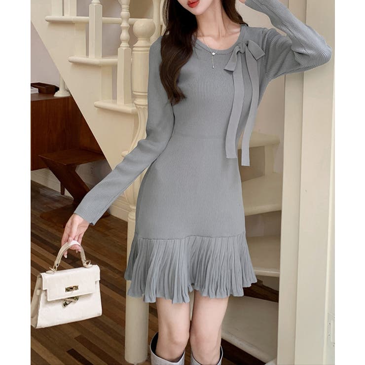 グレー | プリーツ裾 長袖リブニットワンピース上品 | Miniministore