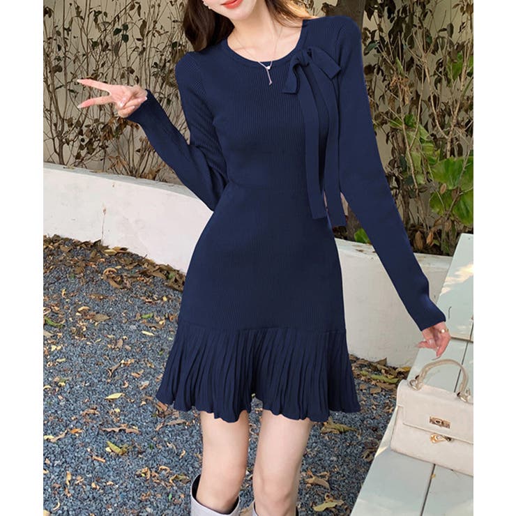 ネイビー | プリーツ裾 長袖リブニットワンピース上品 | Miniministore
