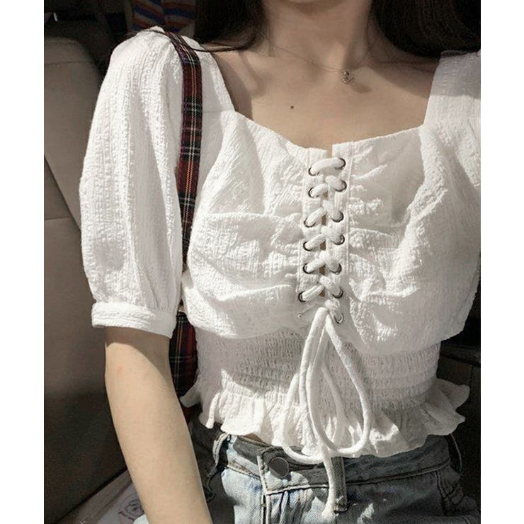 ホワイト | レースアップブラウスウエストシャーリング | Miniministore