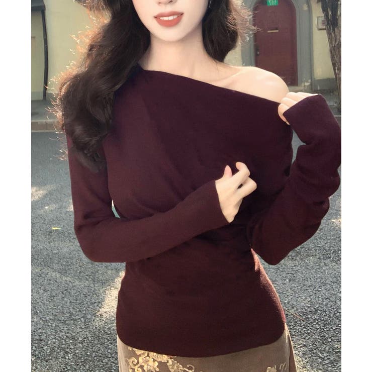 ボルドー | オフショルニットトップスサイドタック長袖 | SUNSHINE CLOSET