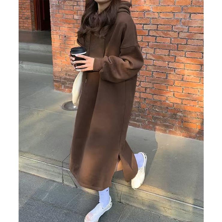 ブラウン | 裏起毛 ロングパーカーワンピース 着やせ | Miniministore
