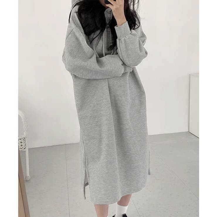 ライトグレー | 裏起毛 ロングパーカーワンピース 着やせ | Miniministore
