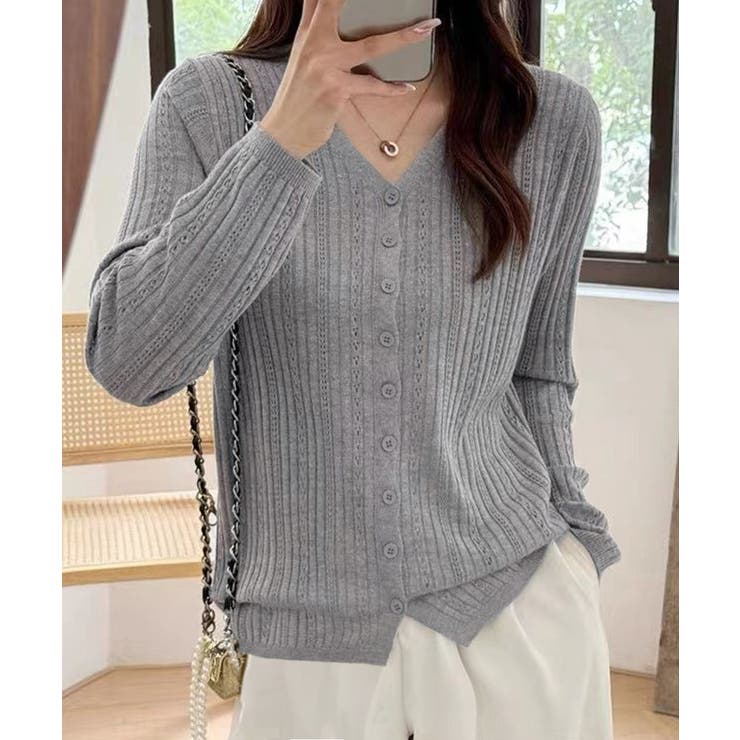 グレー | 針抜きニットカーディガンレディース 長袖 | Miniministore