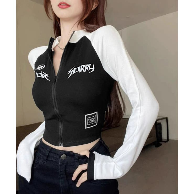 ブラック*ホワイト | ロゴジップアップ クロップドトップス長袖 | Miniministore